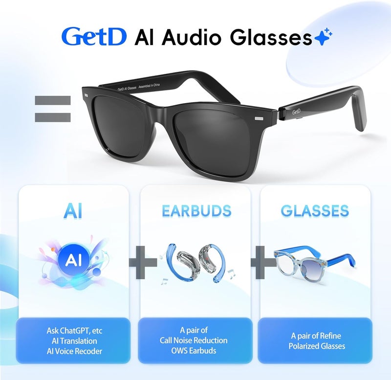 GetD 2026 AI Glasses for Men & Women, Smart Glasses Powered by ChatGPT, AI Real-time Translation with 145 Languages, 11H Music Play, Bluetooth Sunglasses with Polarized Lens, UV Protection for Travel - Image 2